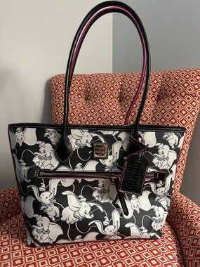 Dooney & Bourke Black & White Dumbo Print Tote with Pink Trim